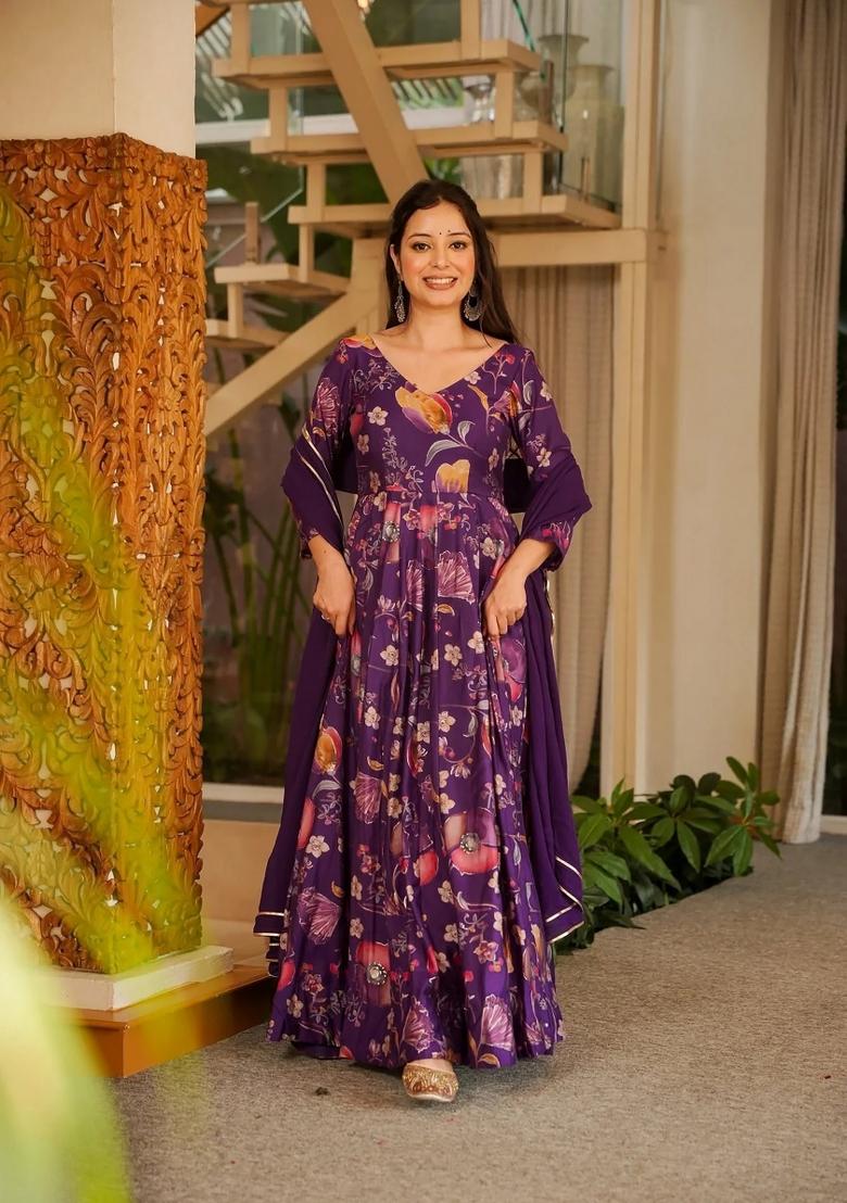 Purple Printed Rayon Gown With Dupatta - Indya