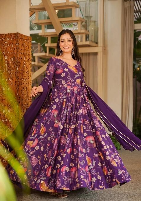 Purple Printed Rayon Gown With Dupatta