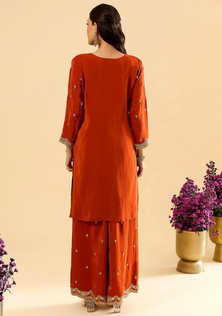 Orange Embroidery Silk Kurta Set - Indya