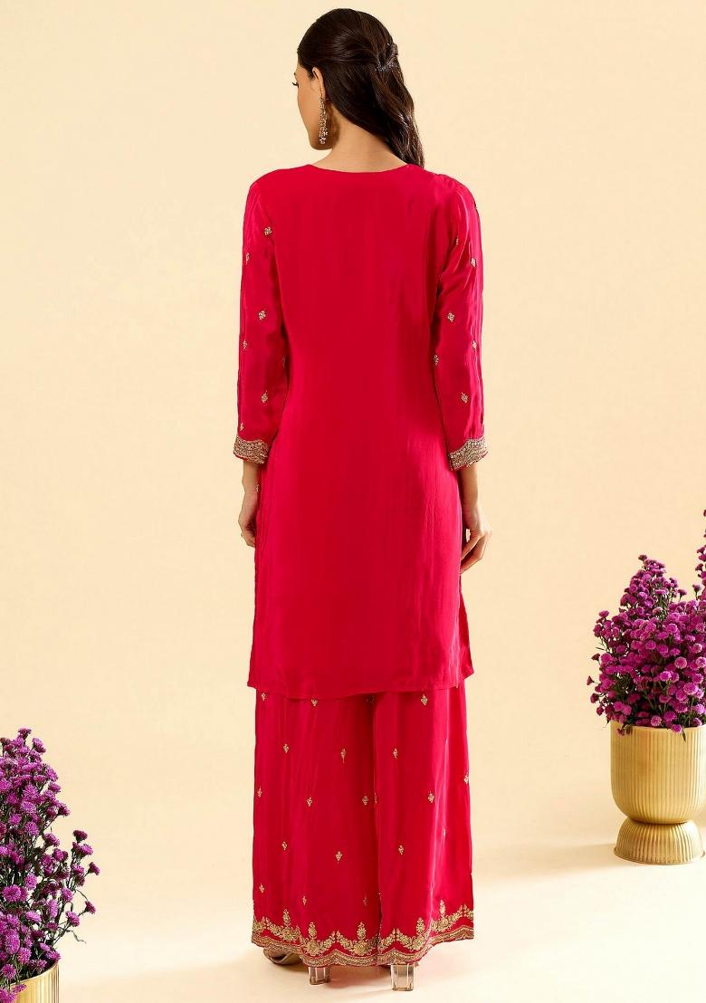 Pink Embroidery Silk Kurta Set - Indya