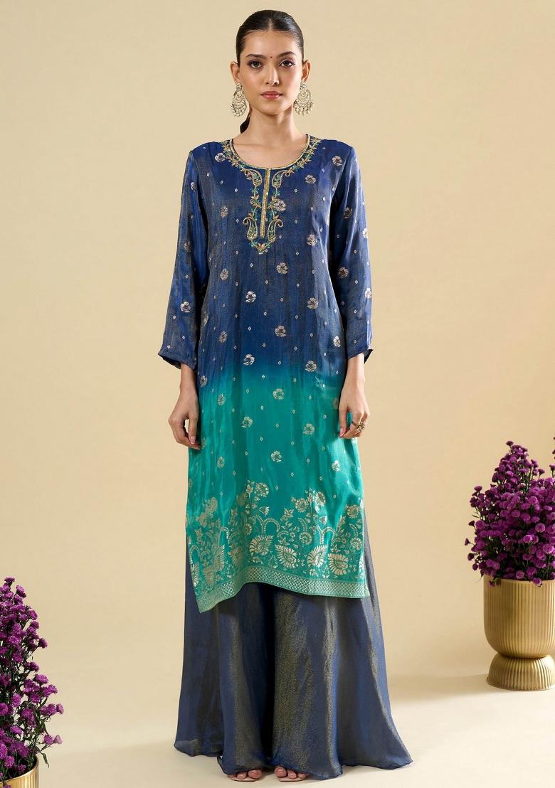 Blue Embroidery Viscose Kurta Set - Indya