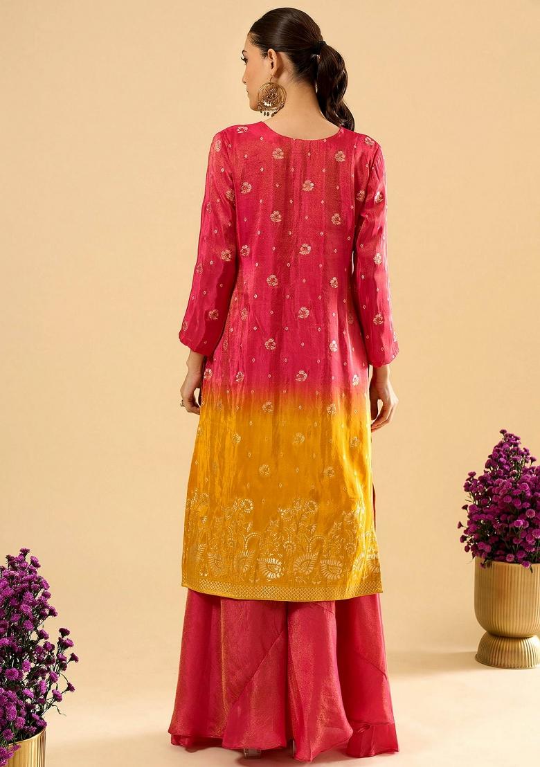 Pink Embroidery Viscose Kurta Set - Indya