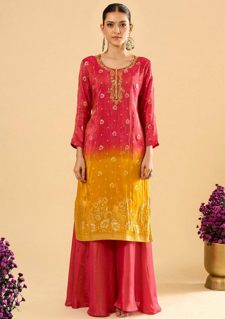 Pink Embroidery Viscose Kurta Set - Indya
