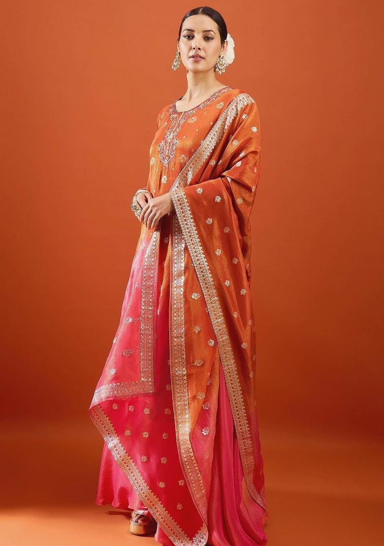 Red Embroidery Viscose Kurta Set - Indya