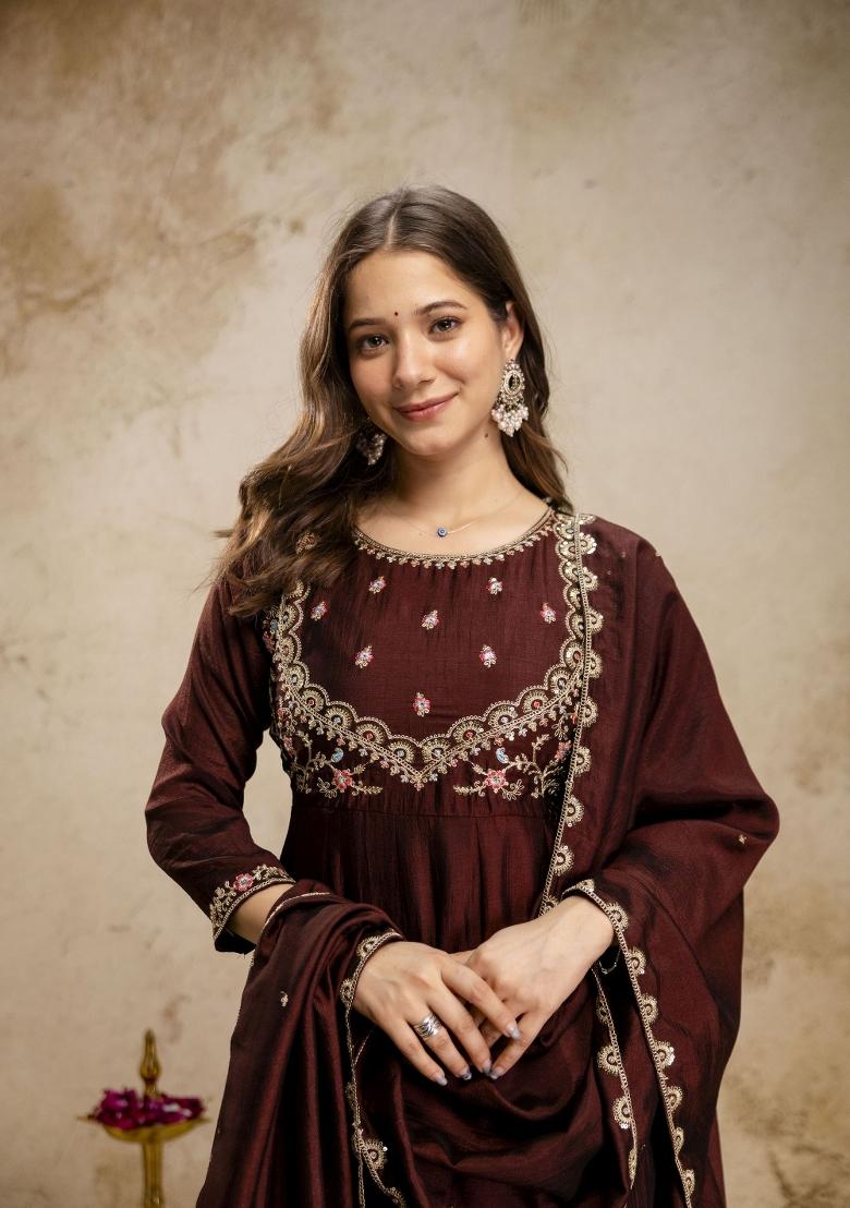 Brown Embroidery Silk Kurta Set - Indya