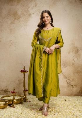 Green Embroidery Silk Kurta Set