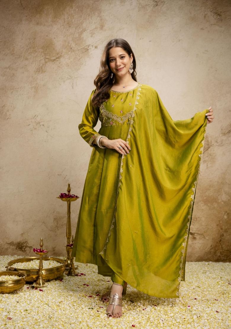 Green Embroidery Silk Kurta Set - Indya