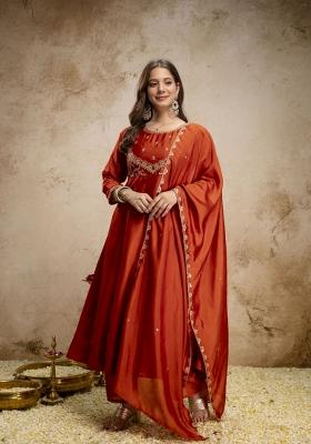 Orange Embroidery Silk Kurta Set