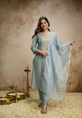 Sky Blue Embroidery Silk Kurta Set