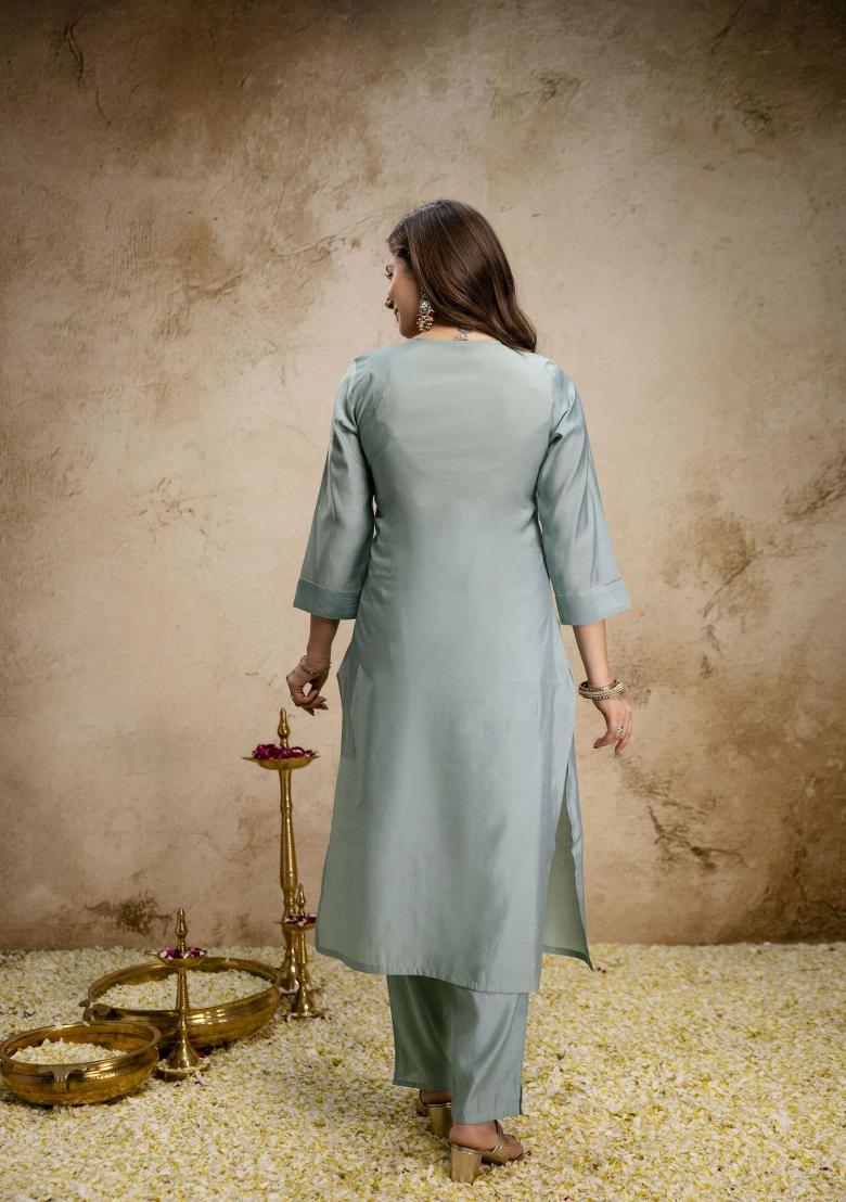Sky Blue Embroidery Silk Kurta Set - Indya