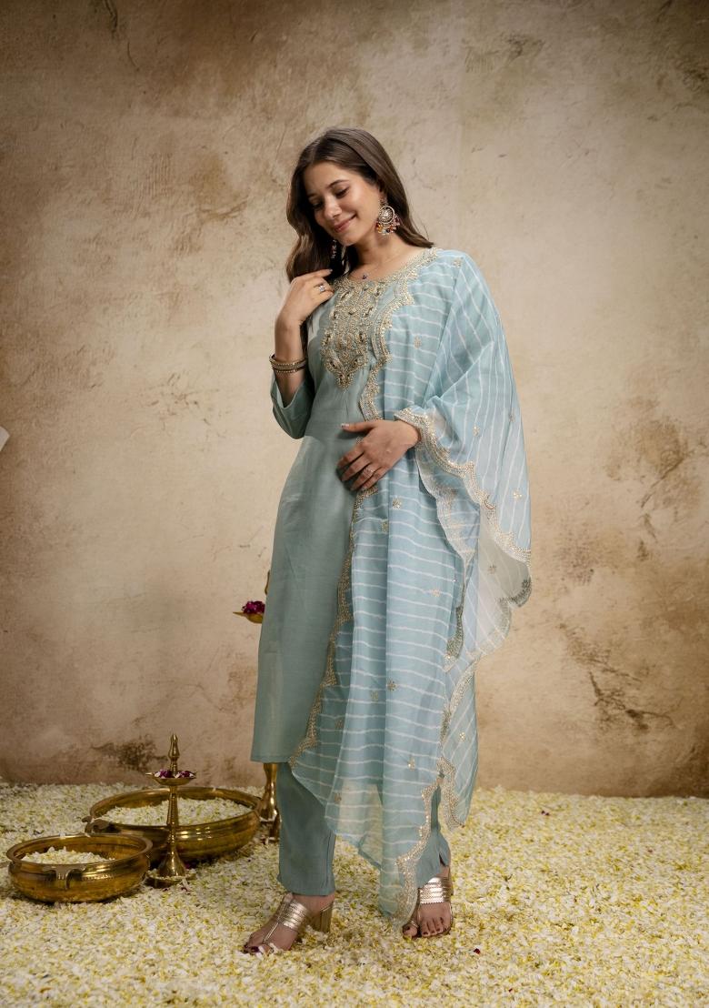 Sky Blue Embroidery Silk Kurta Set - Indya
