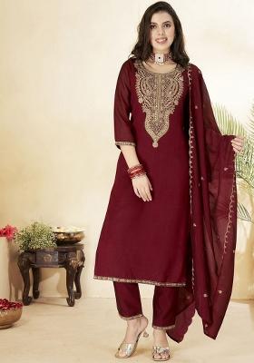 Maroon Embroidery Silk Kurta Set