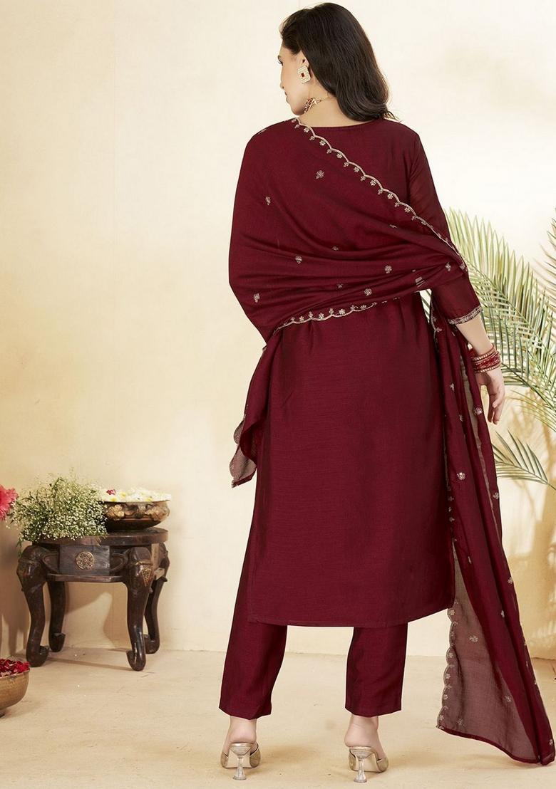 Maroon Embroidery Silk Kurta Set - Indya