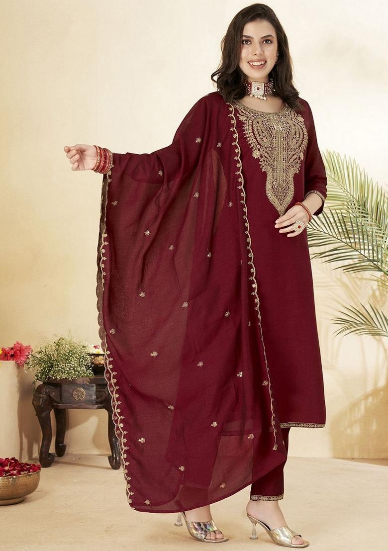 Maroon Embroidery Silk Kurta Set - Indya