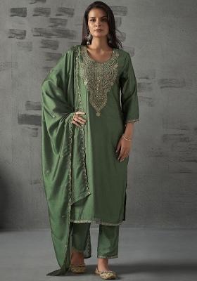 Green Embroidery Silk Kurta Set