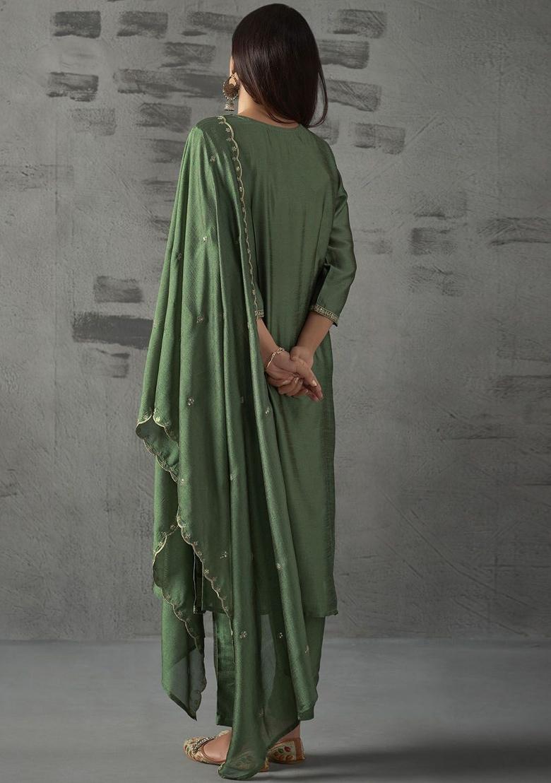 Green Embroidery Silk Kurta Set - Indya