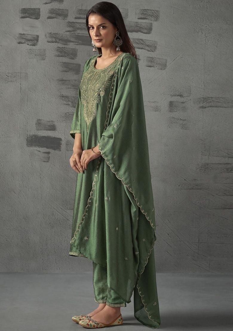 Green Embroidery Silk Kurta Set - Indya