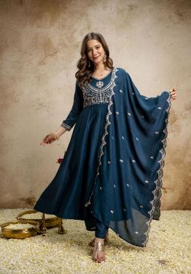 Teal Embroidery Silk Kurta Set