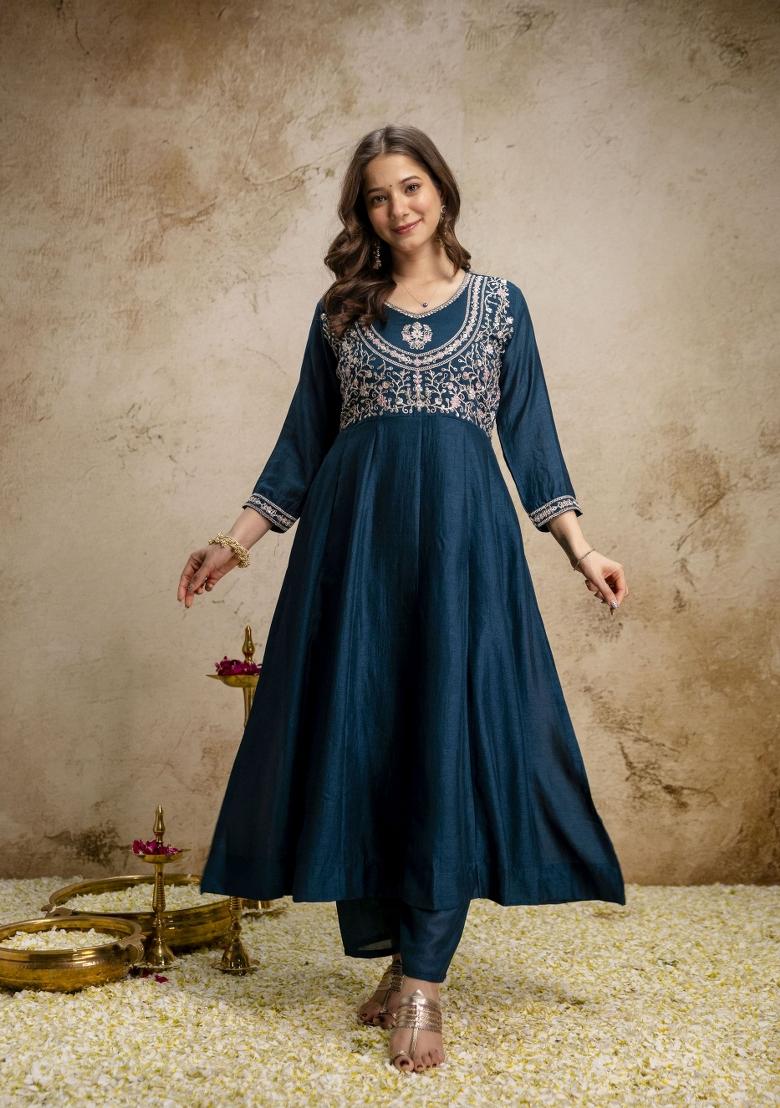 Teal Embroidery Silk Kurta Set - Indya