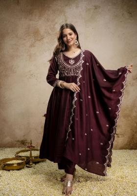 Coffee Embroidery Silk Kurta Set