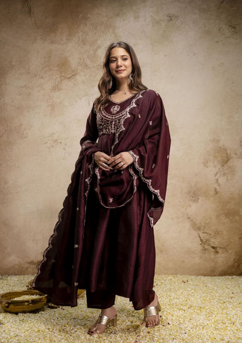 Coffee Embroidery Silk Kurta Set - Indya