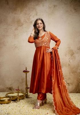 Orange Embroidery Silk Kurta Set