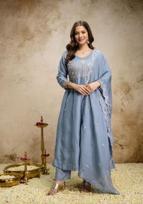 Sky Blue Embroidery Silk Kurta Set