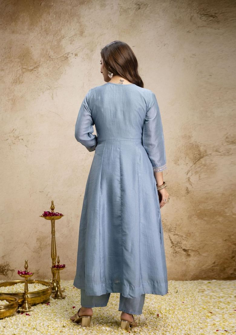 Sky Blue Embroidery Silk Kurta Set - Indya