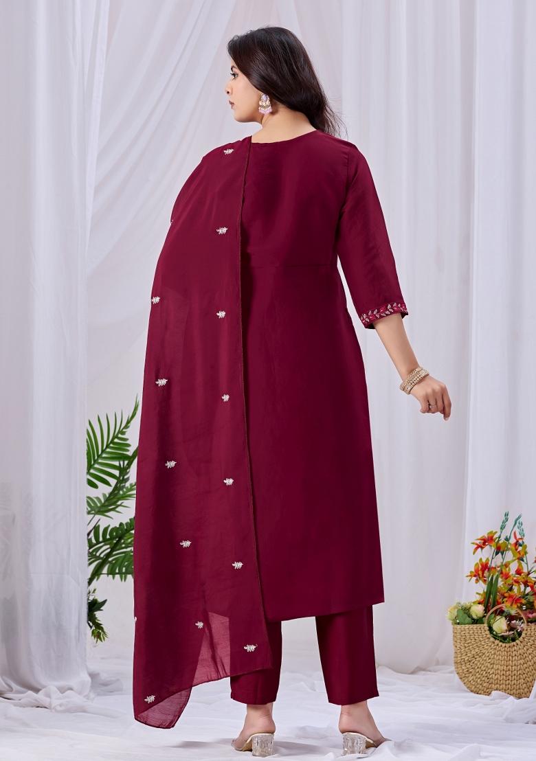 Maroon Embroidery Cotton Kurta Set - Indya