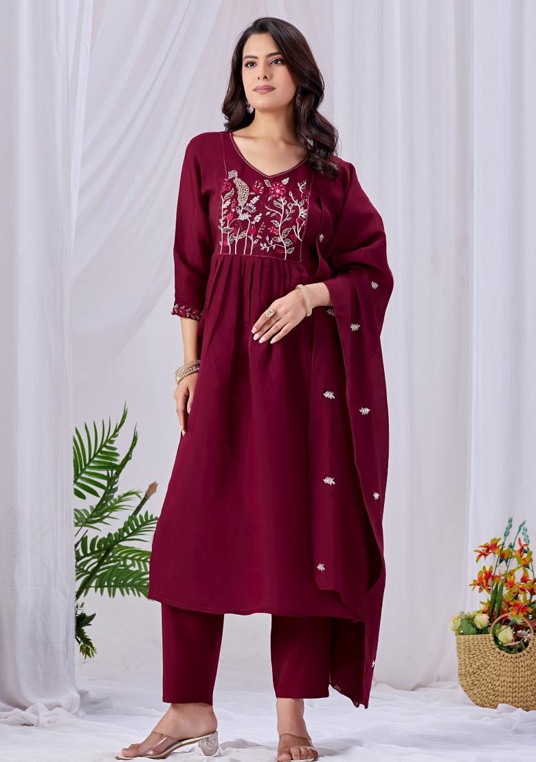 Maroon Embroidery Cotton Kurta Set - Indya