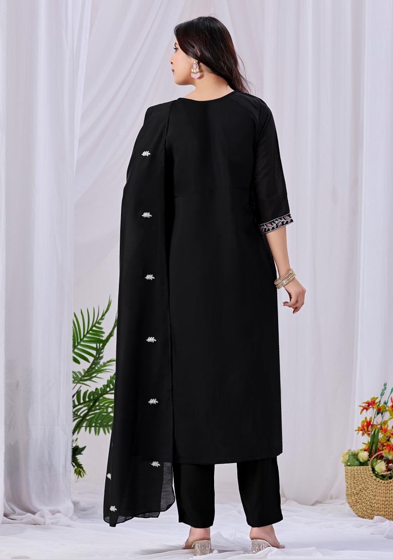 Black Embroidery Cotton Kurta Set - Indya