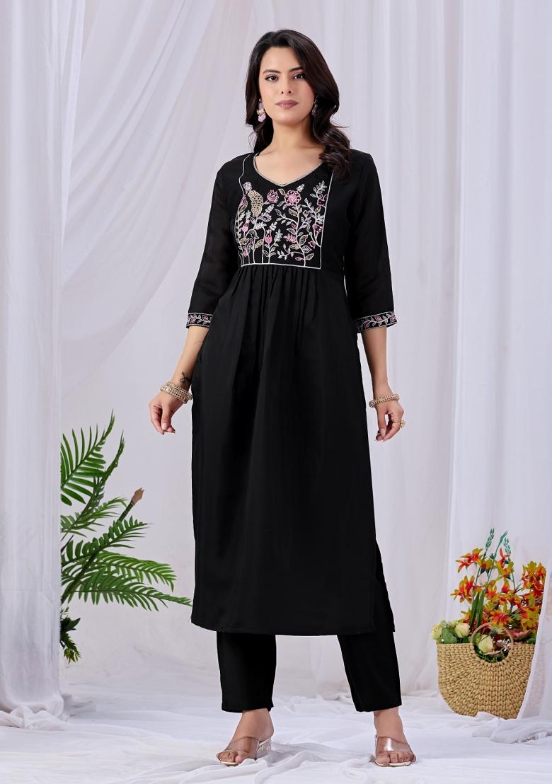 Black Embroidery Cotton Kurta Set - Indya