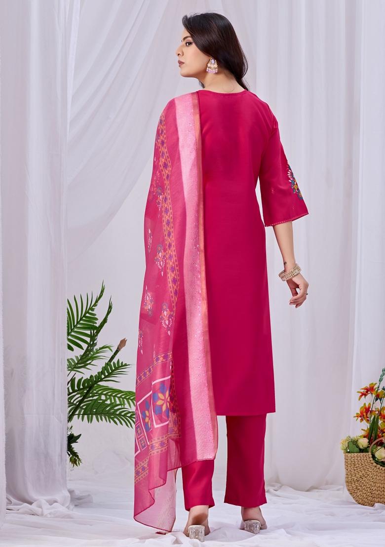 Pink Embroidery Silk Kurta Set - Indya