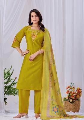 Mustard Embroidery Silk Kurta Set