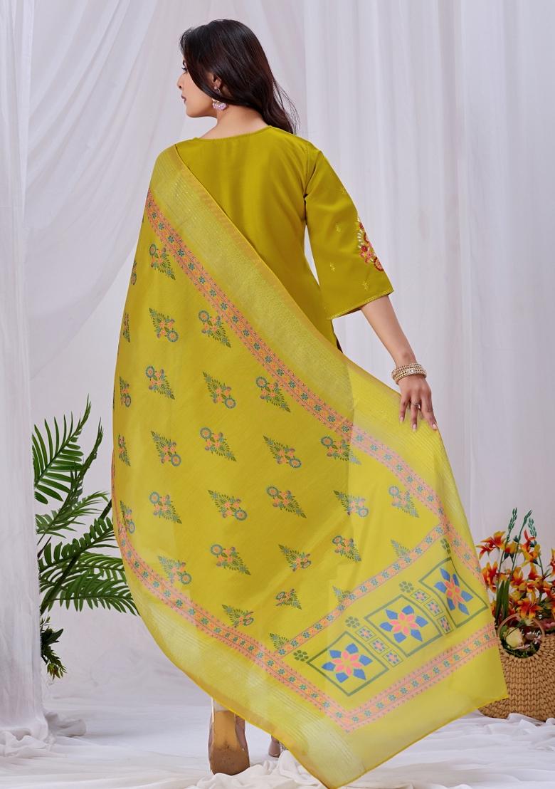 Mustard Embroidery Silk Kurta Set - Indya