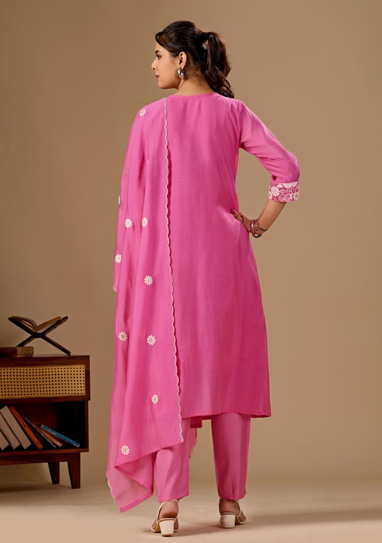 Pink Embroidery Cotton Kurta Set - Indya