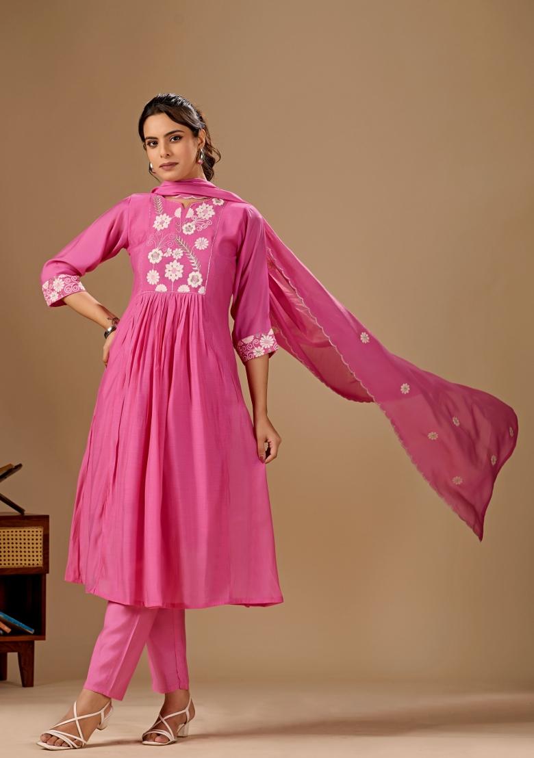 Pink Embroidery Cotton Kurta Set - Indya