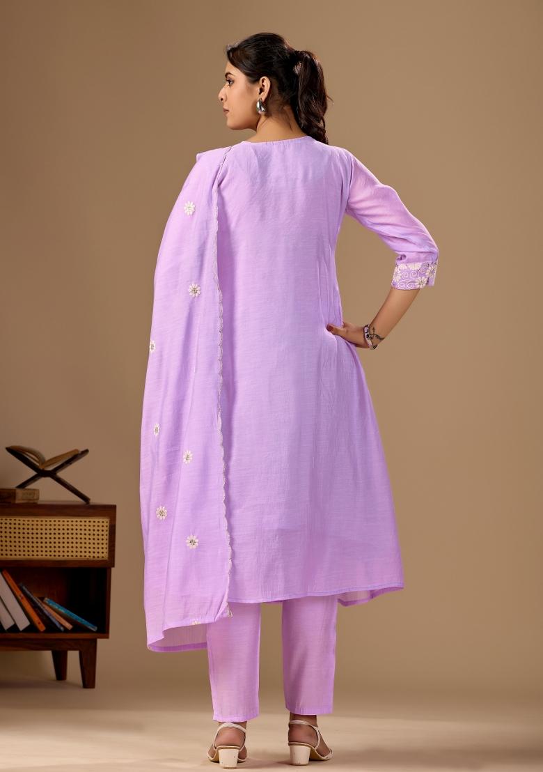 Lavender Embroidery Cotton Kurta Set - Indya