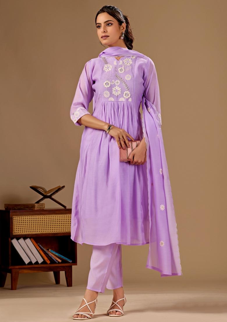 Lavender Embroidery Cotton Kurta Set - Indya