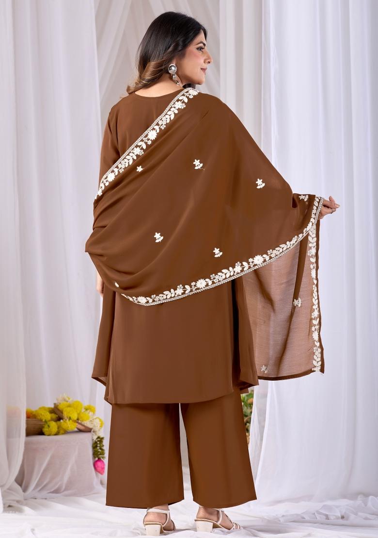 Brown Embroidery Cotton Kurta Set - Indya