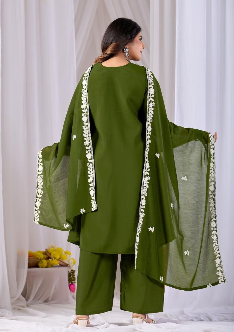 Green Embroidery Cotton Kurta Set - Indya
