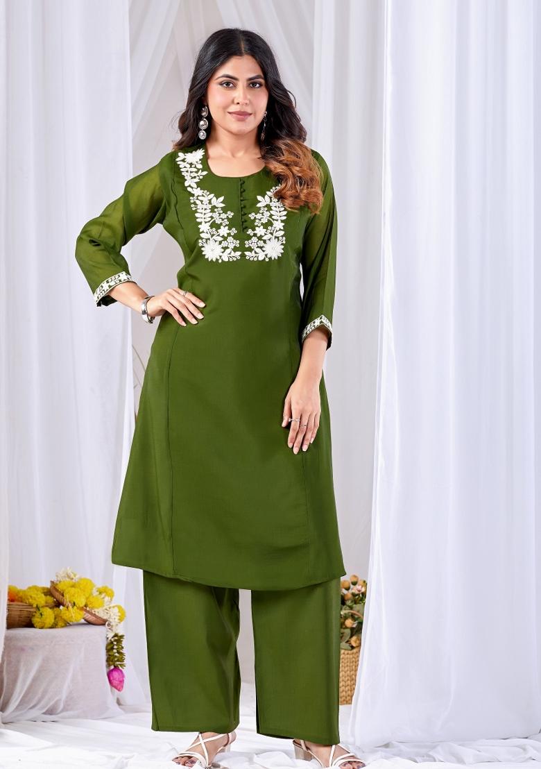 Green Embroidery Cotton Kurta Set - Indya