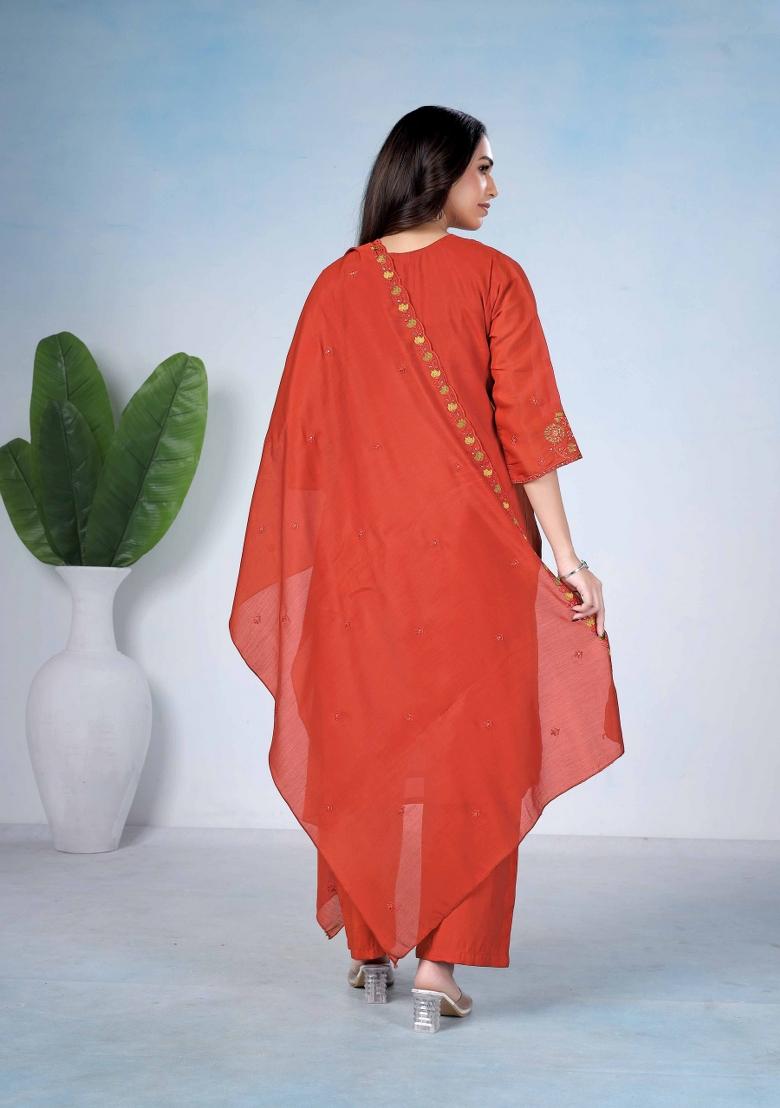 Red Embroidery Cotton Kurta Set - Indya