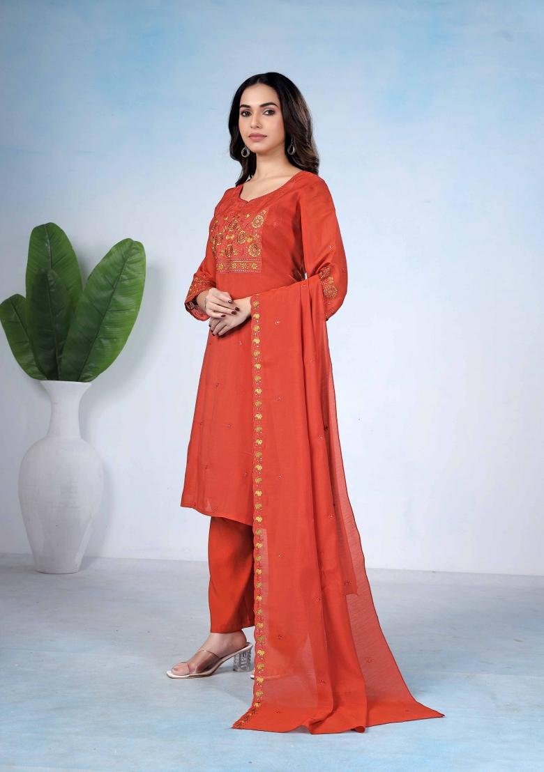 Red Embroidery Cotton Kurta Set - Indya