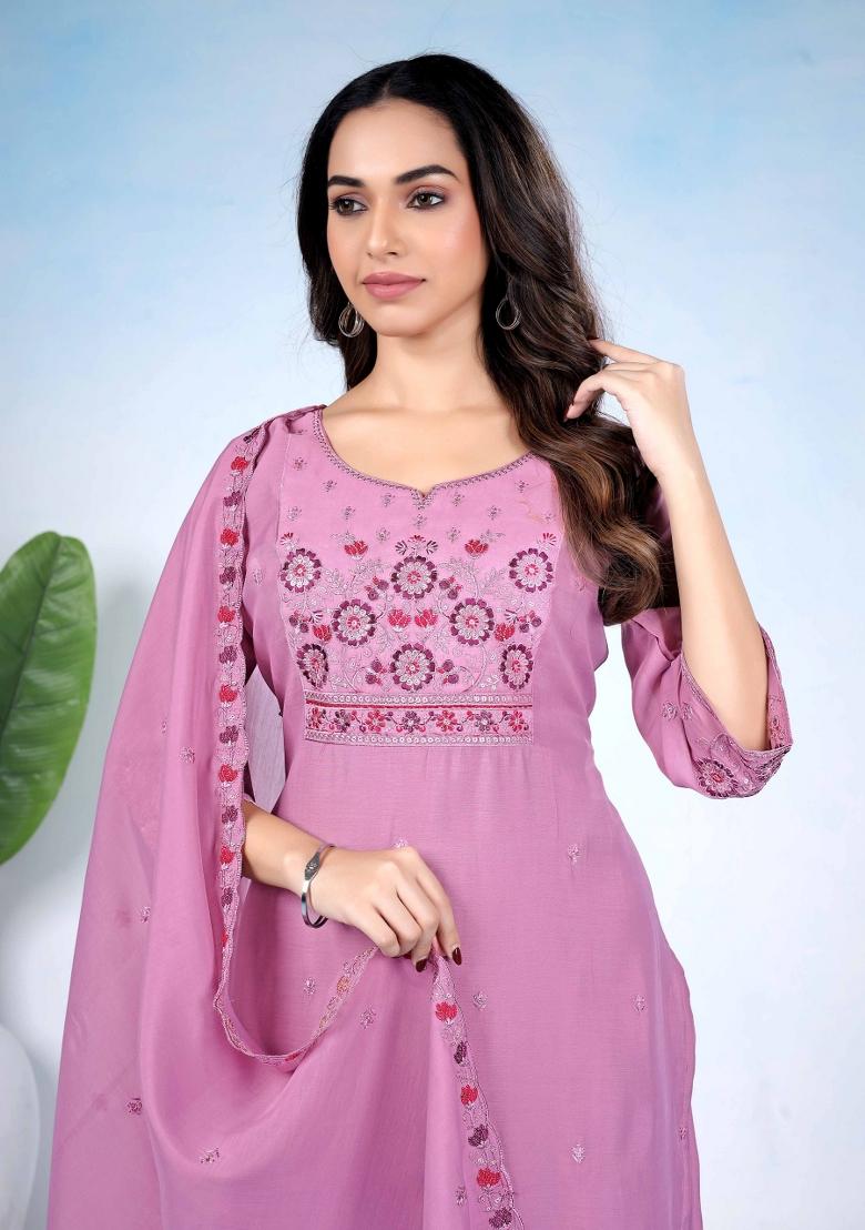 Purple Embroidery Cotton Kurta Set - Indya