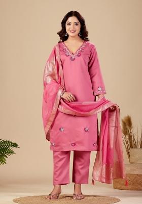 Pink Embroidery Silk Kurta Set