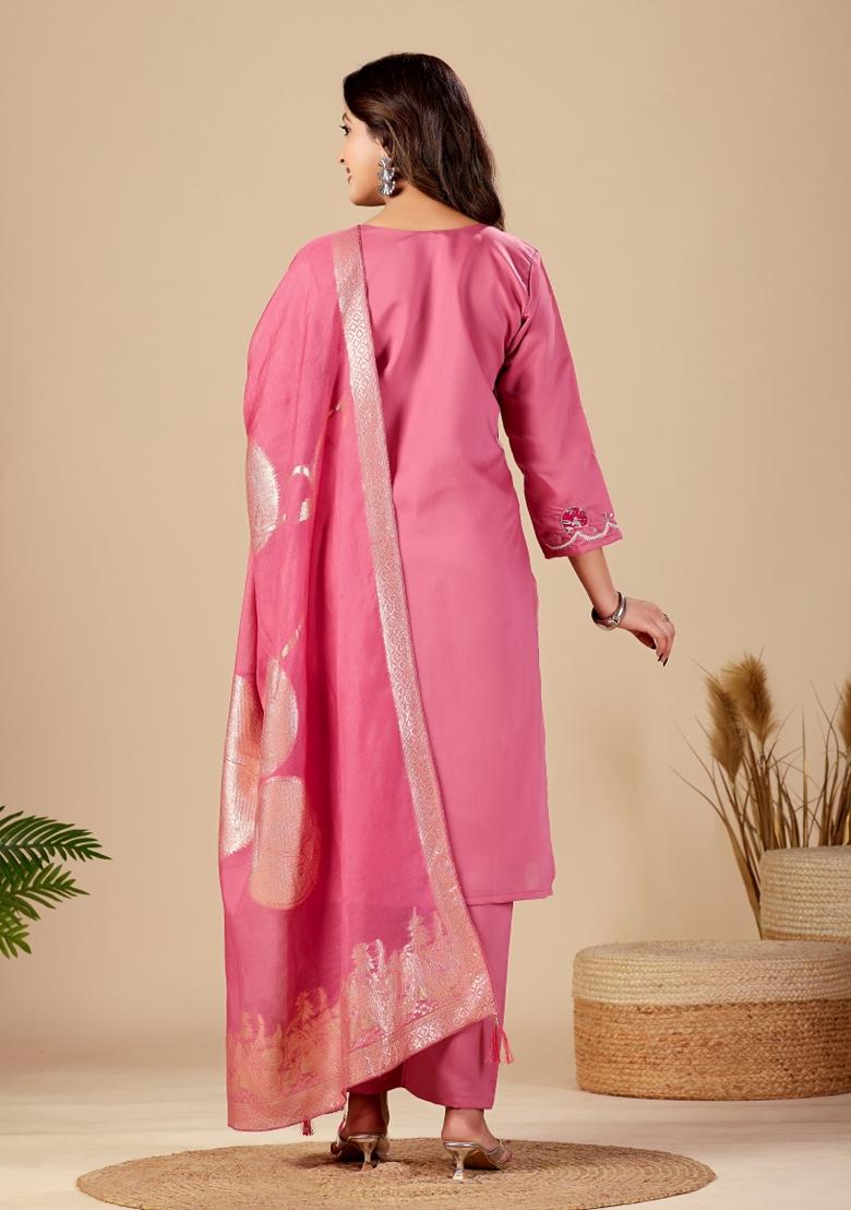 Pink Embroidery Silk Kurta Set - Indya