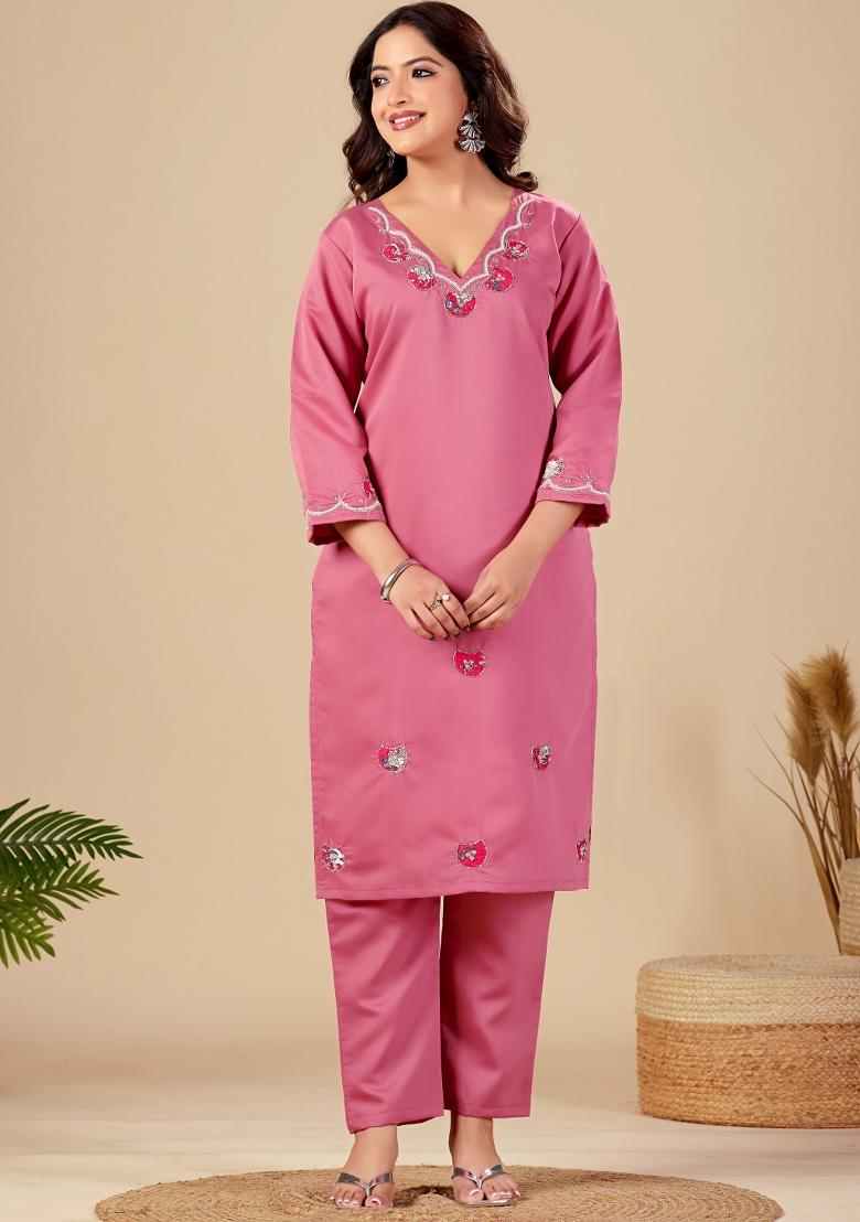 Pink Embroidery Silk Kurta Set - Indya