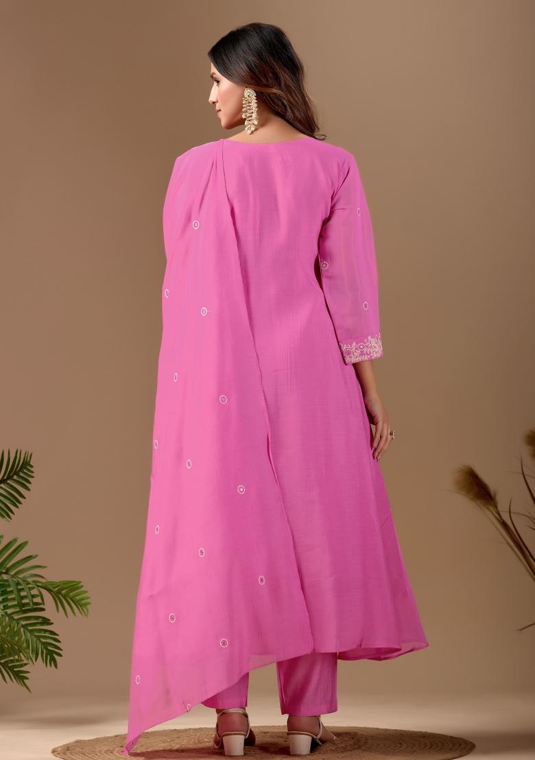 Pink Embroidery Chanderi Kurta Set - Indya