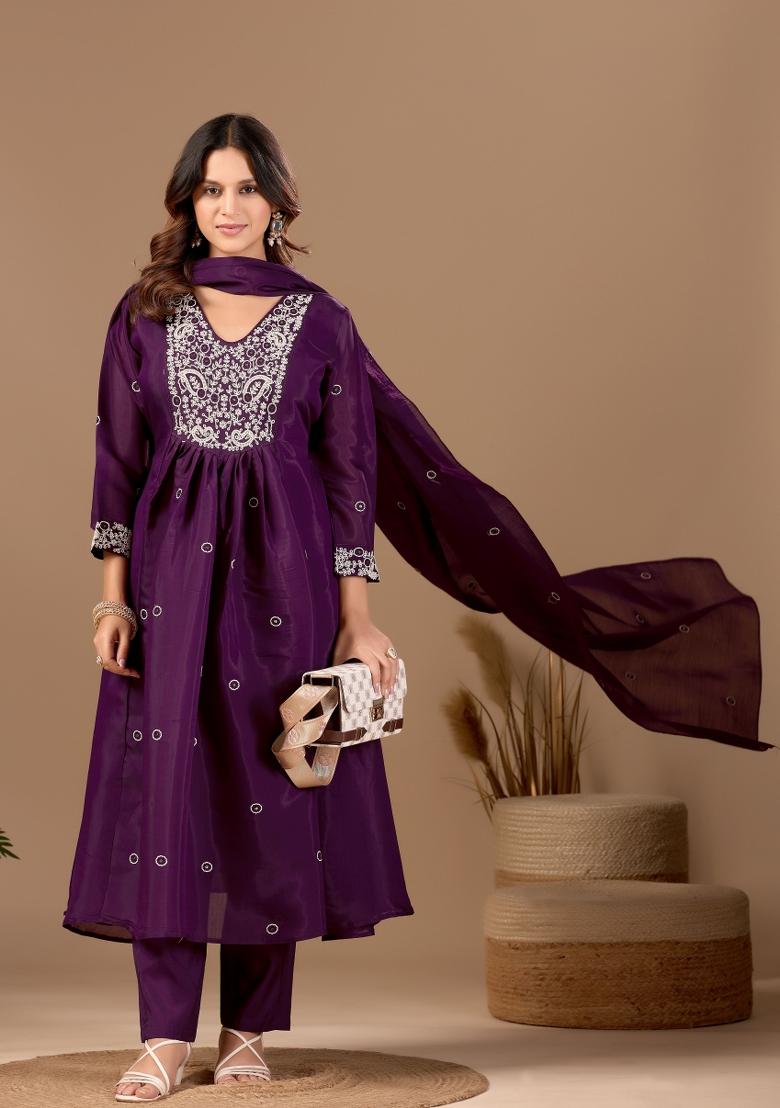 Purple Embroidery Chanderi Kurta Set - Indya